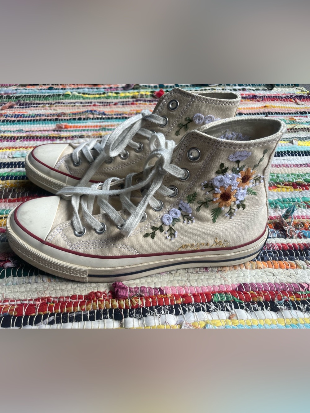 Converse Cream High-Top Sneakers with Floral Embroidery